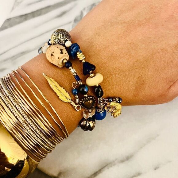 Double Wrap Gemstone Bracelet | Blue Beaded Gold Dangle Charms | Native American - Picture 5 of 6